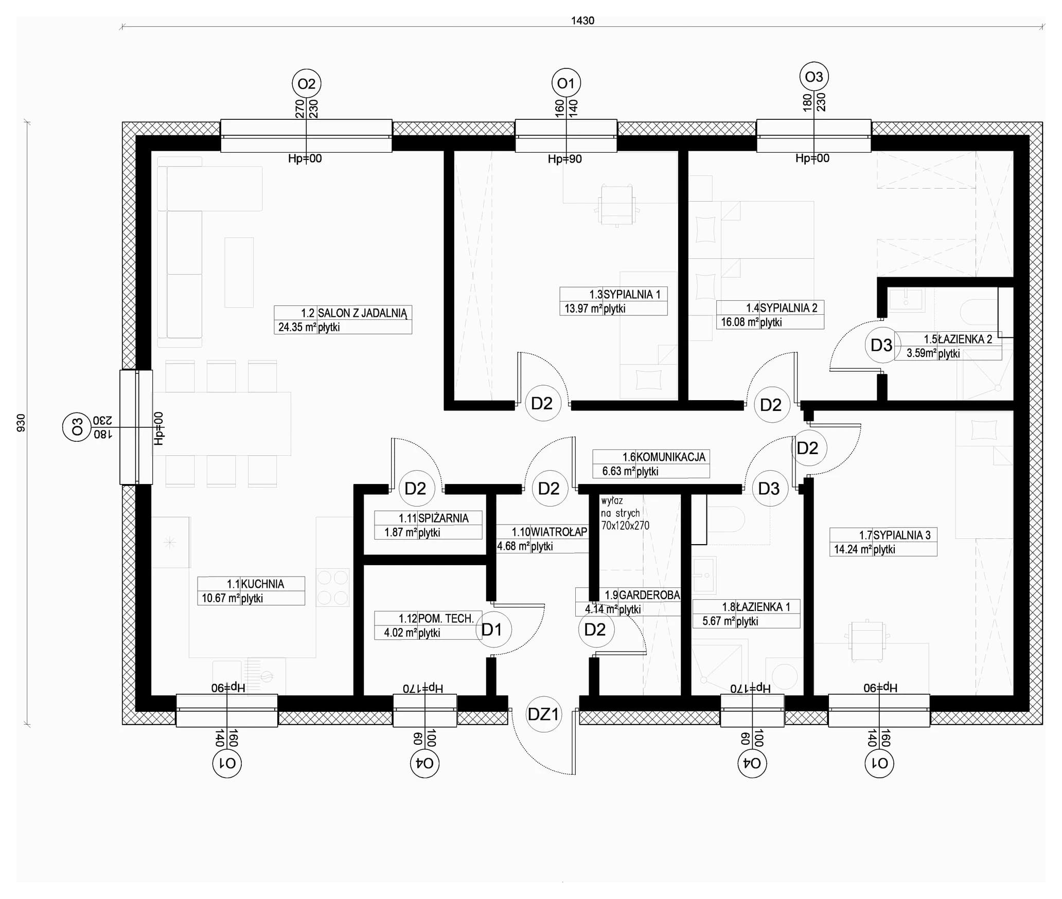 Rzut parteru — 110 m², układ Optymalny