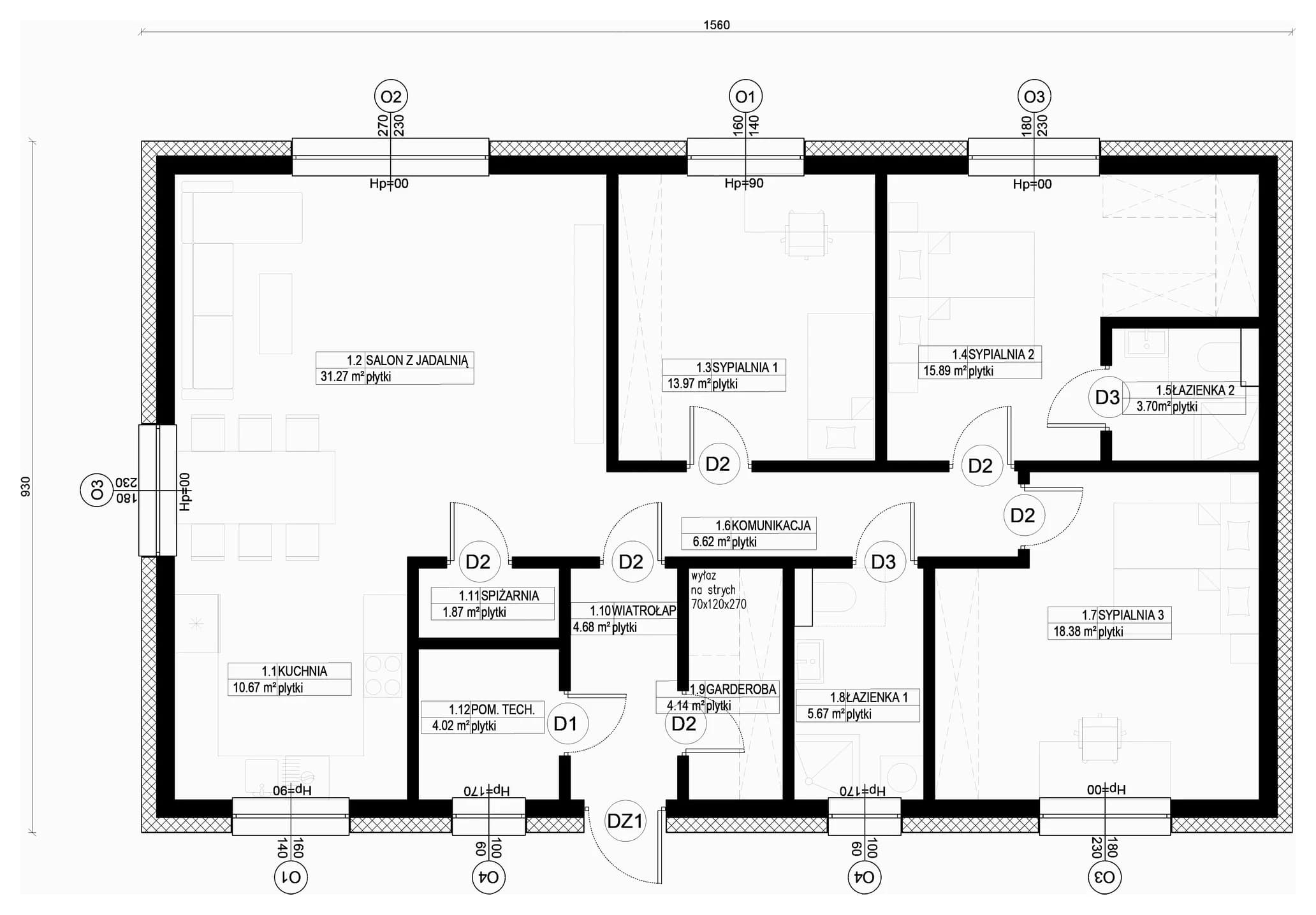 Rzut parteru — 120 m², układ Optymalny