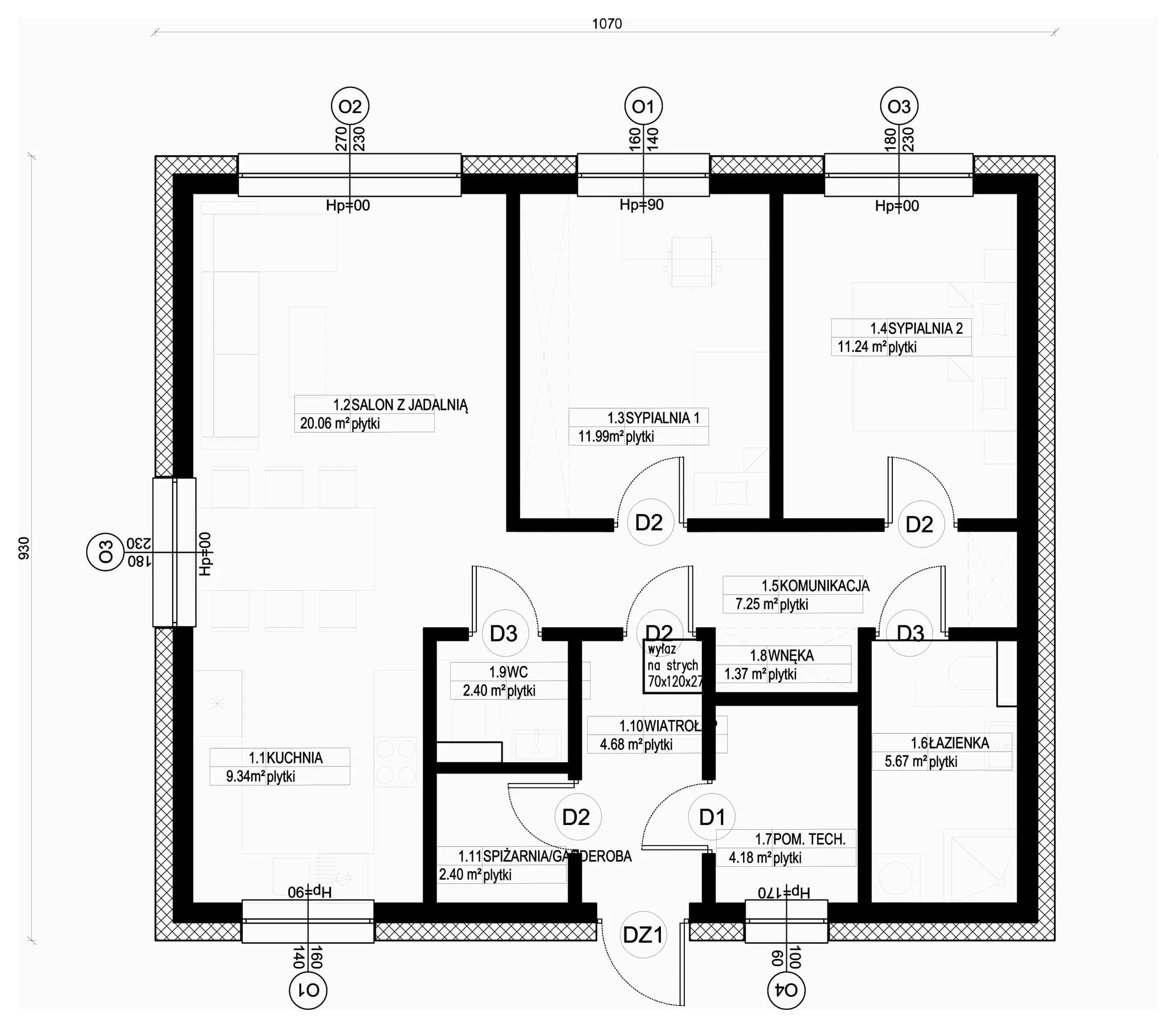 Rzut parteru — 80 m², układ Optymalny