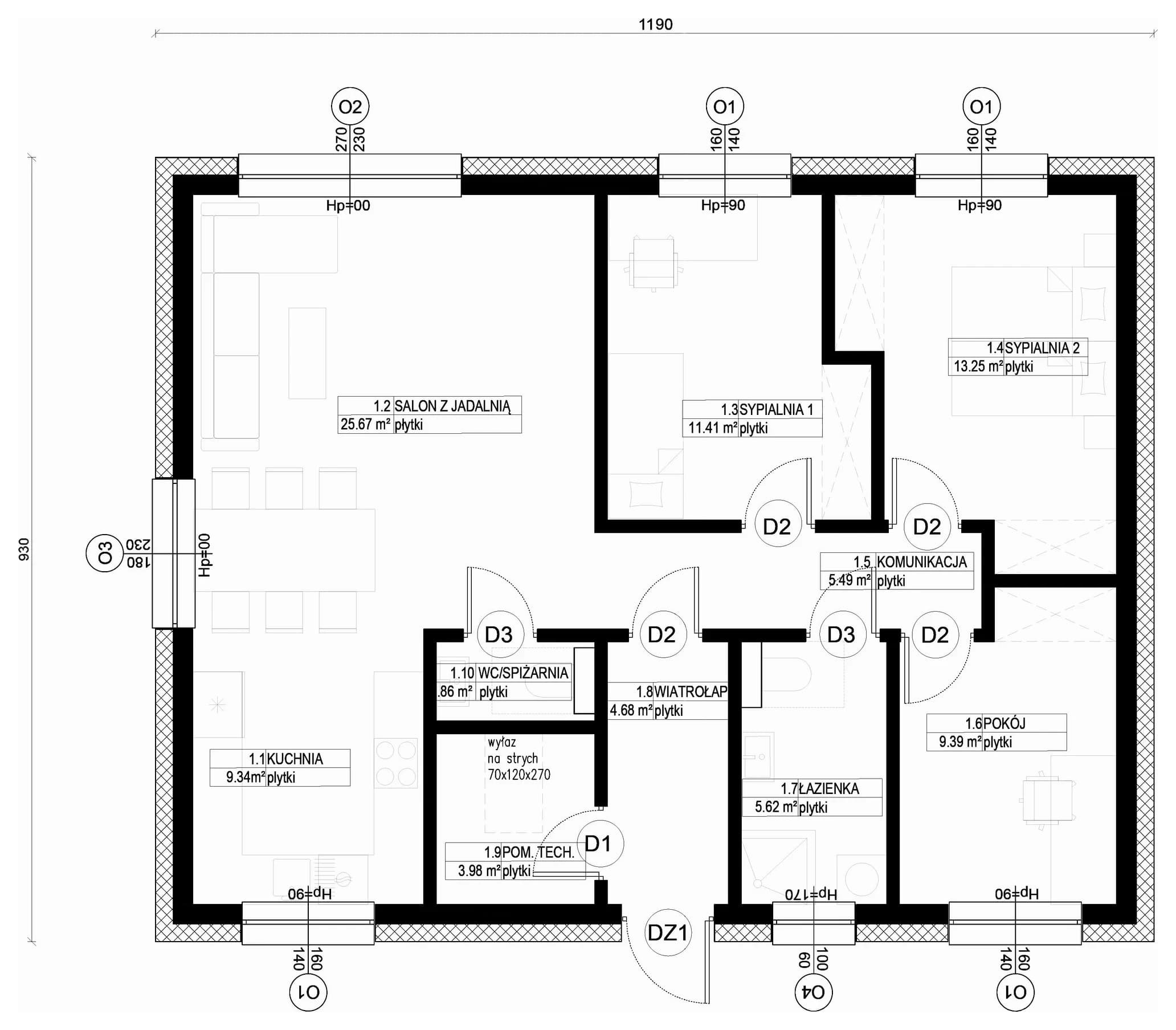 Rzut parteru — 90 m², układ Optymalny